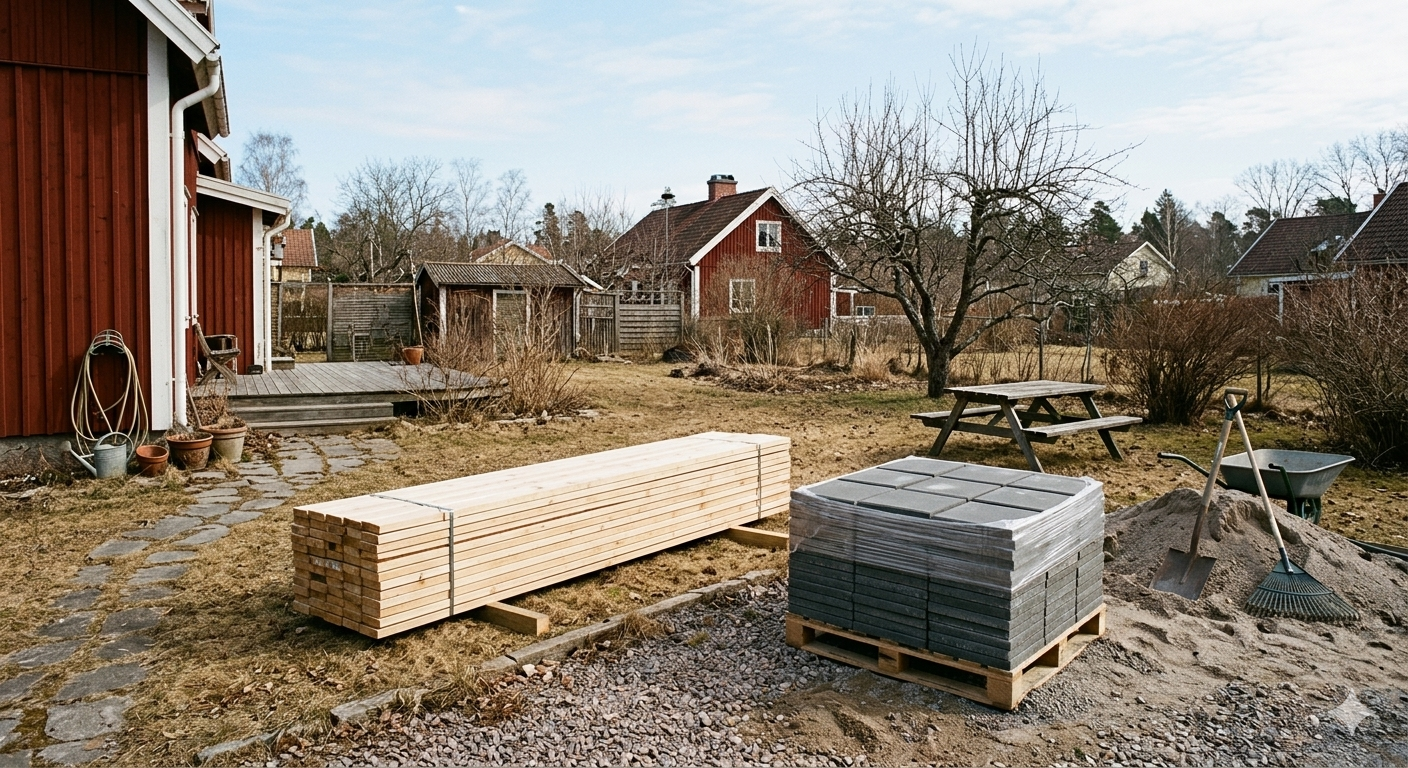 Byggmaterial i vårträdgård