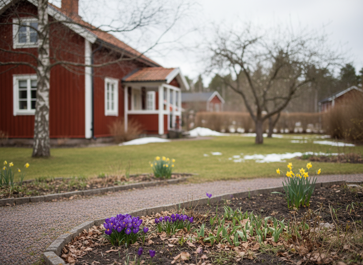 Falurött hus med trädgård och tulpaner
